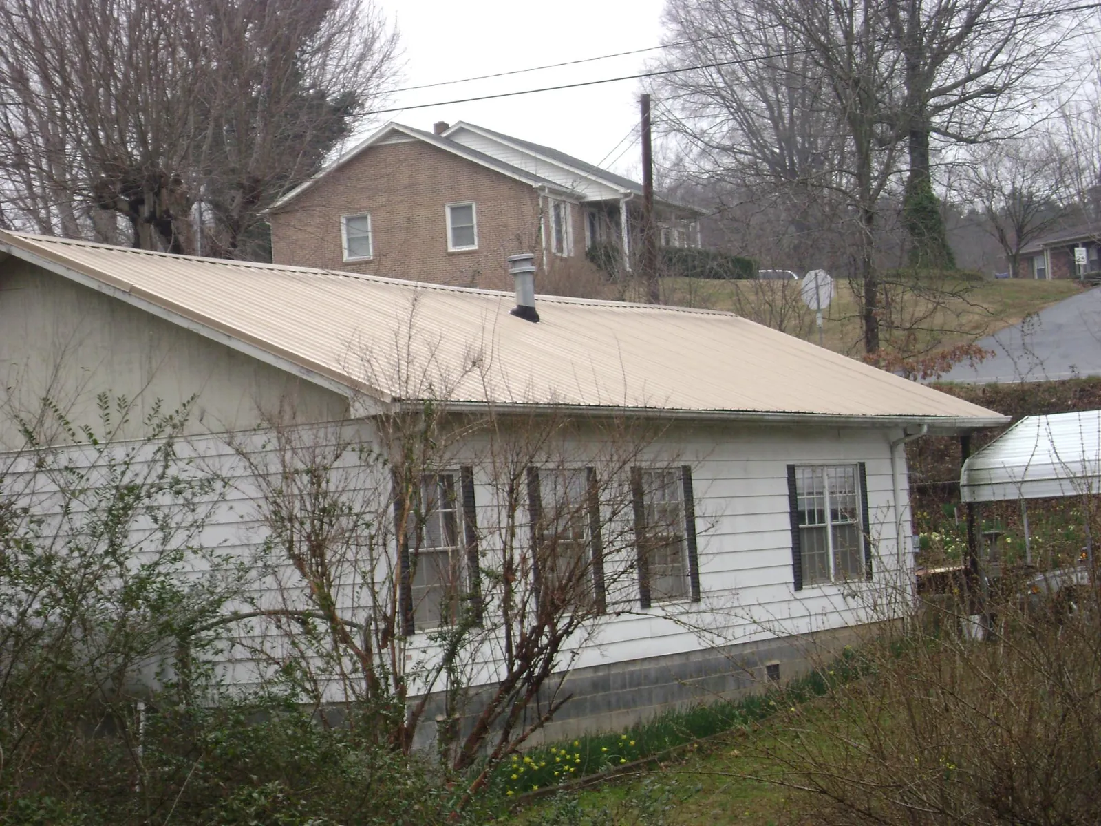 Tan metal roof on a white sided house set into a hillside — Commercial Roofing by Roofing Brothers in Colquitt